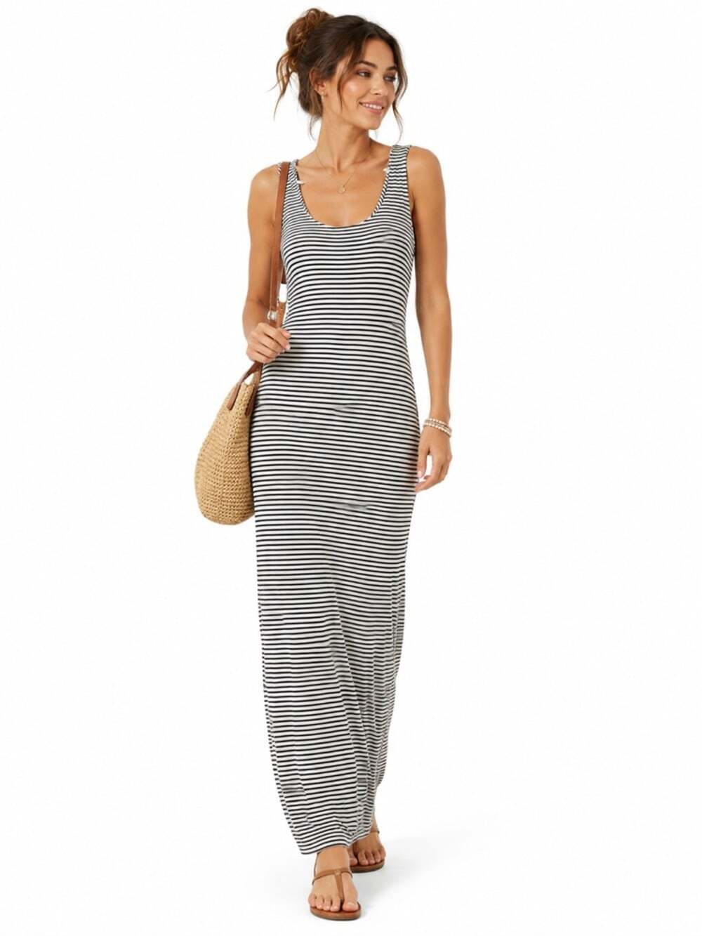 New Look Striped Maxi Dress Scoop Neck Tank Monochrome Vacation Large